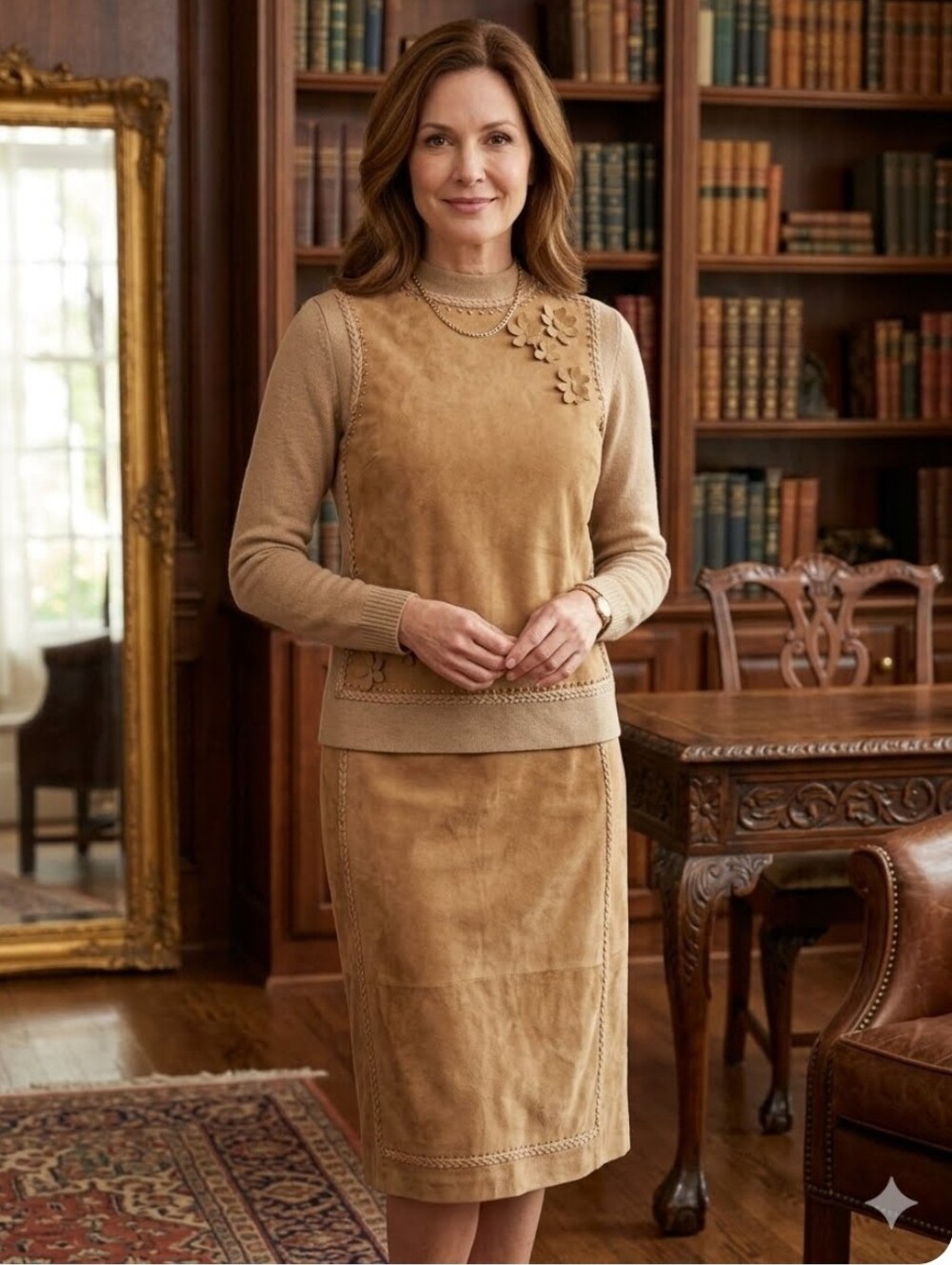 Oscar De La Renta Lamb Leather/Wool Long Sleeve Pencil Skirt Set in Camel